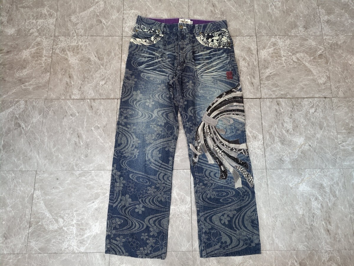 11.絡繰魂 Y2K 和柄 総柄 ジャガード ギミック ワイド デニム パンツ ジーンズ 熨斗 吉祥 伝統 和文化 流水波紋 桜 34 インディゴ 黒 y606拍卖