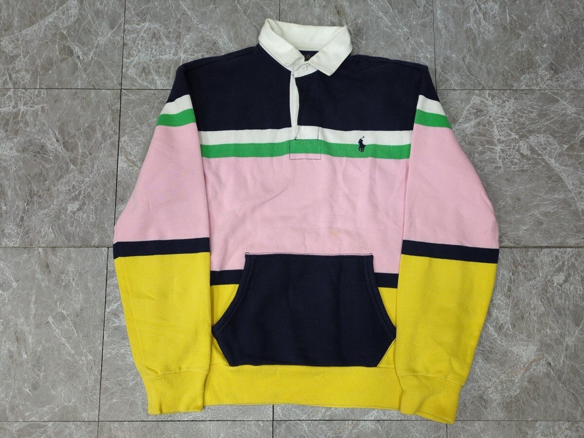 1.POLO RALPH LAUREN ボーダーデザイン 長袖 スウェット ラガーシャツ ポロシャツ ポロラルフローレン メンズM ピンク黄色紺緑系白 y605拍卖