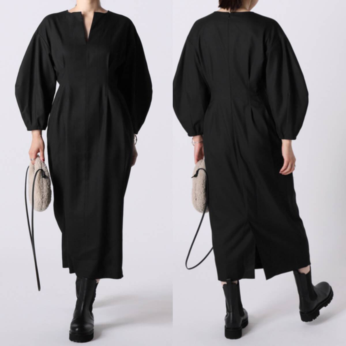 VERMEIL par iena P/RYツイルウエストシェイプ パフスリーブワンピース 38 ブラック イエナ拍卖