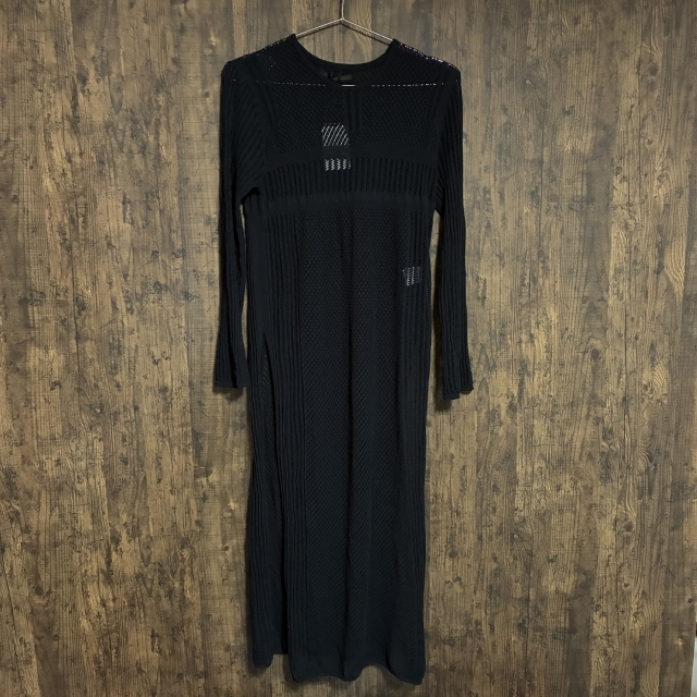 C49◇KBF+ | ケービーエフプラス シアーニット ロングワンピース ブラック レディース Oneサイズ 中古品拍卖