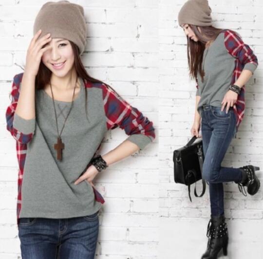 新入荷秋冬大きいサイズ 大人気バック チェック柄 ゆったりドルマンカットソー チュニック トップス LL~4L拍卖