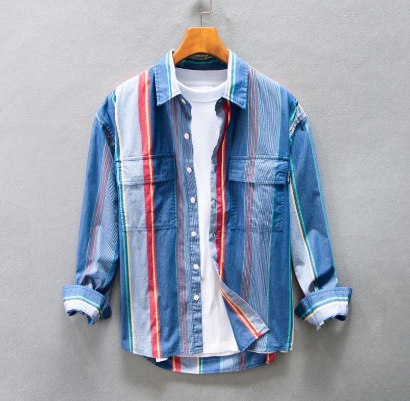 新入荷メンズシャツ長袖シャツ カジュアルシャツ ストライブ柄 切替配色 カッコイイ 個性春夏新作紳士服 サマー 心地良し 通気性 ブルー L拍卖