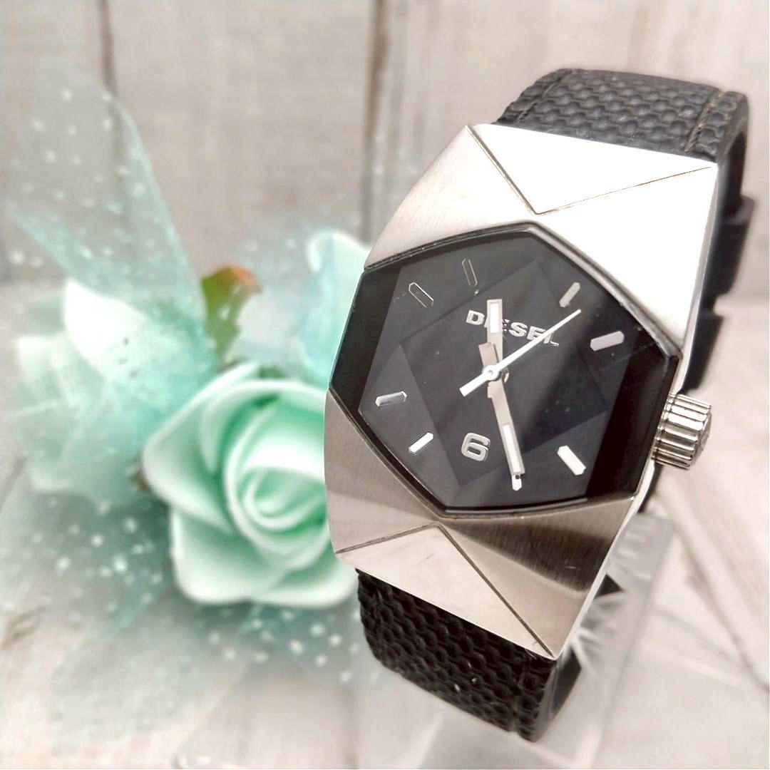 稼働品 ディーゼル レディース腕時計 六角形 レザーベルト ブラック拍卖