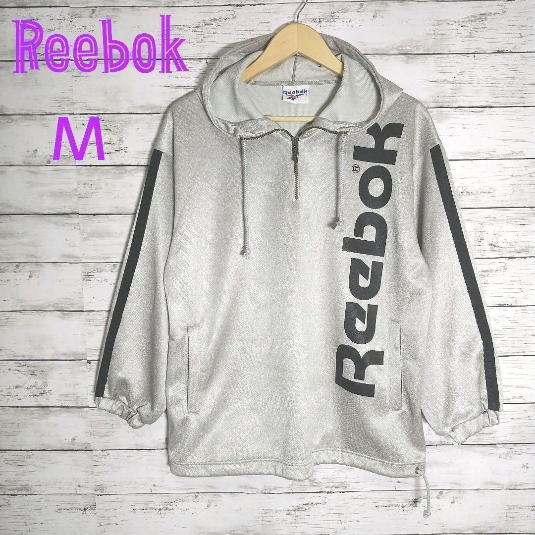 リーボック Reebok パーカー ハーフジップ Mサイズ グレー ビッグロゴ拍卖