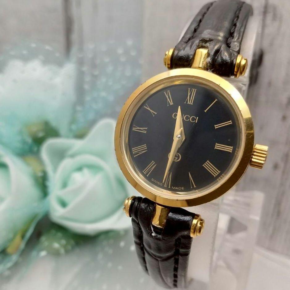 稼働品 グッチ シェリーライン 黒 腕時計 レディース アンティーク拍卖