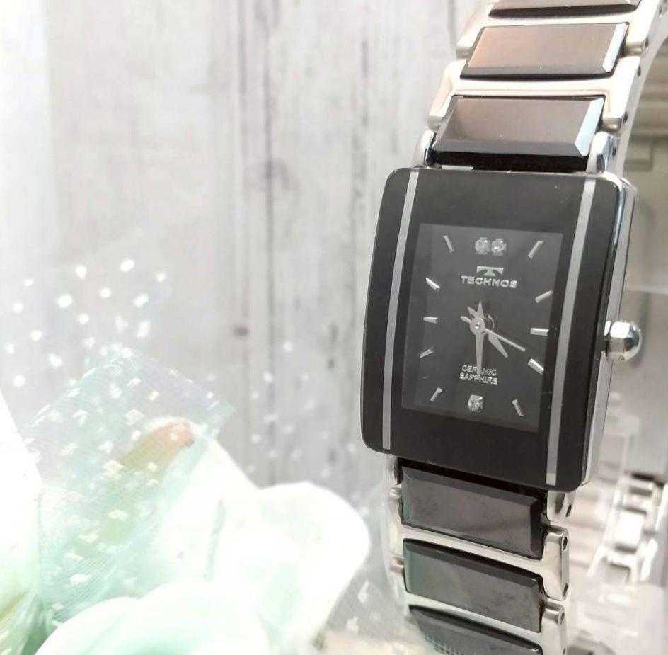 稼働品 テクノス ストーン付き 腕時計 長方形 セラミックベルト レディース拍卖