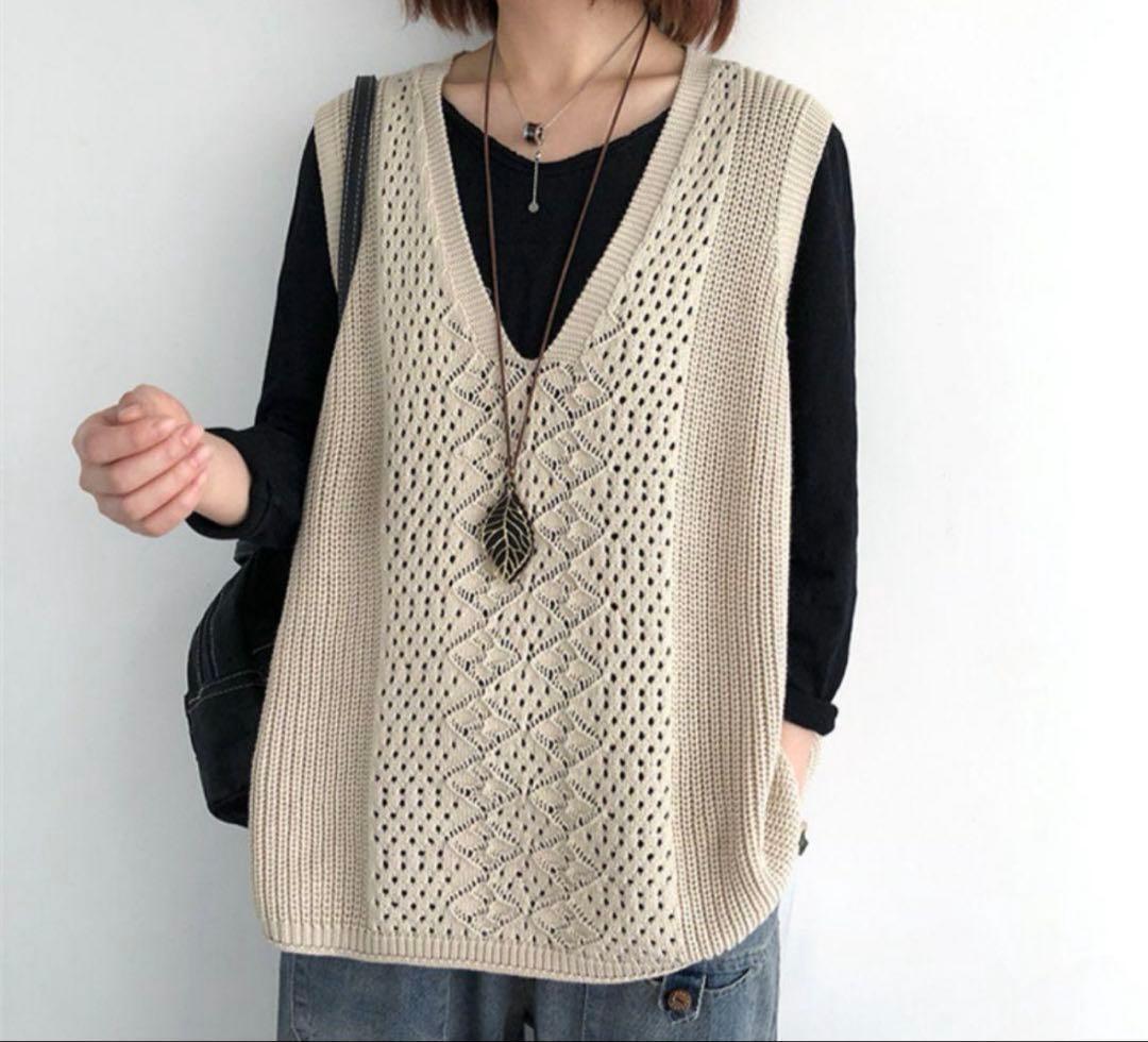 ニットベスト ベージュ 透かし編み ジレ レディース 秋冬 フリーサイズ拍卖