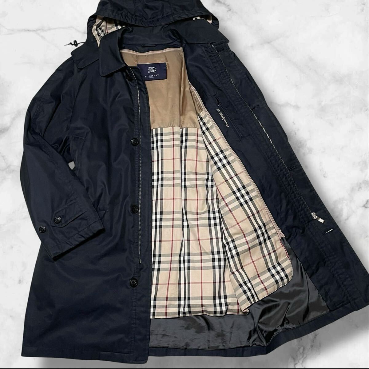 【美品】BURBERRY LONDON バーバリーロンドン ノバチェック フード付き コート ダークネイビー サイズL メンズ拍卖