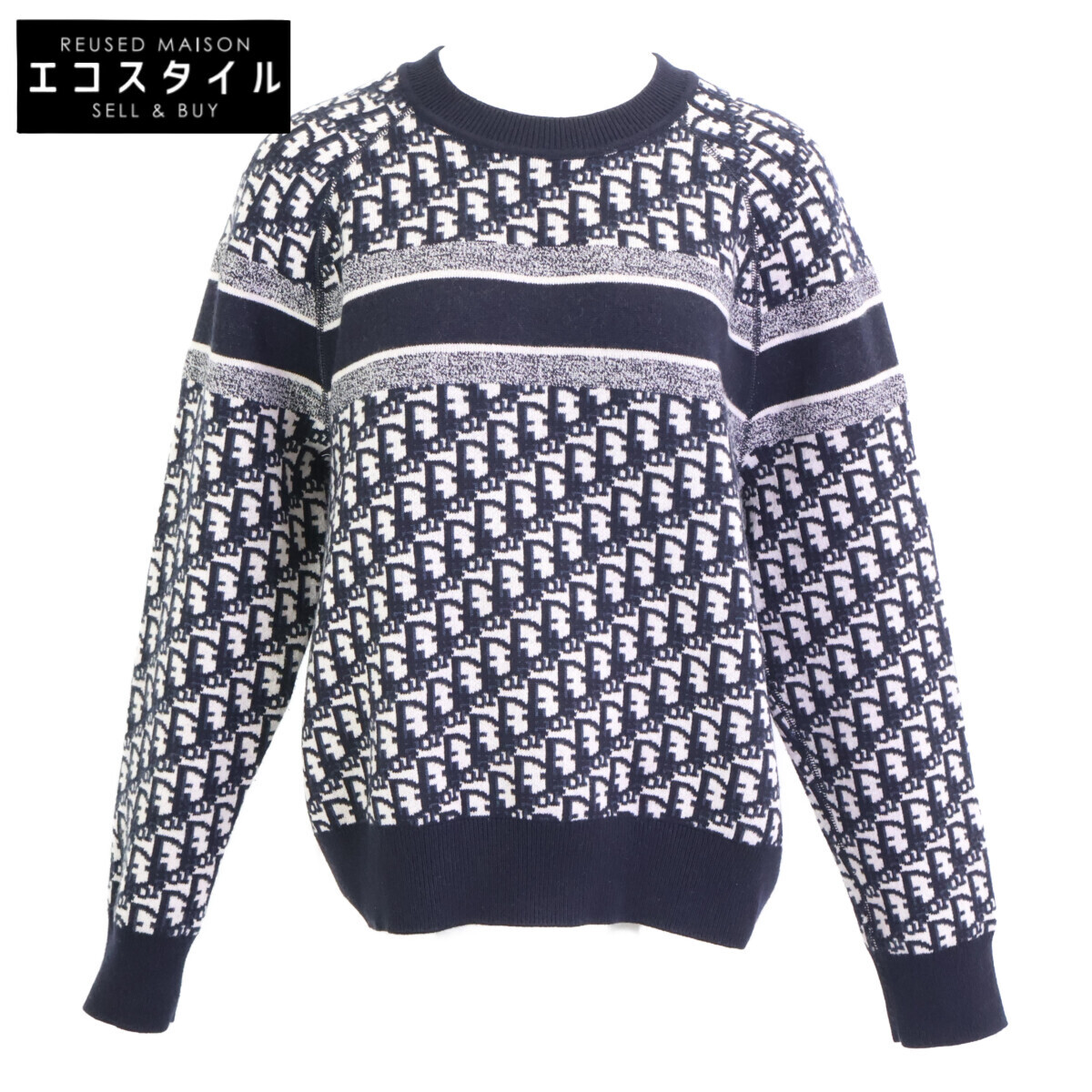 美品 Christian Dior クリスチャンディオール 054S55AM055 カシミア オブリーク リバーシブル ラウンドネックセーター 38 ネイビー拍卖