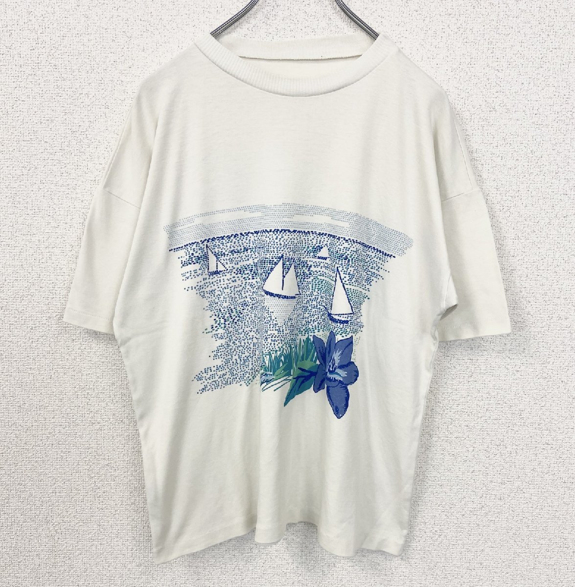 古着 used 半袖プリントTシャツ 船 海 景色 カジュアルデザイン 白 ホワイト シングルステッチ 90s Mサイズ拍卖