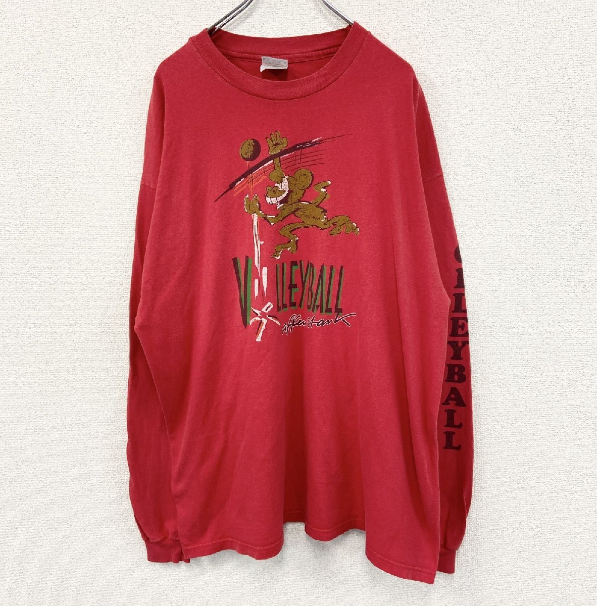 古着 used Hanes ヘインズ 長袖プリントTシャツ カジュアルデザイン 赤 レッド クルーネック レトロ XXLサイズ拍卖