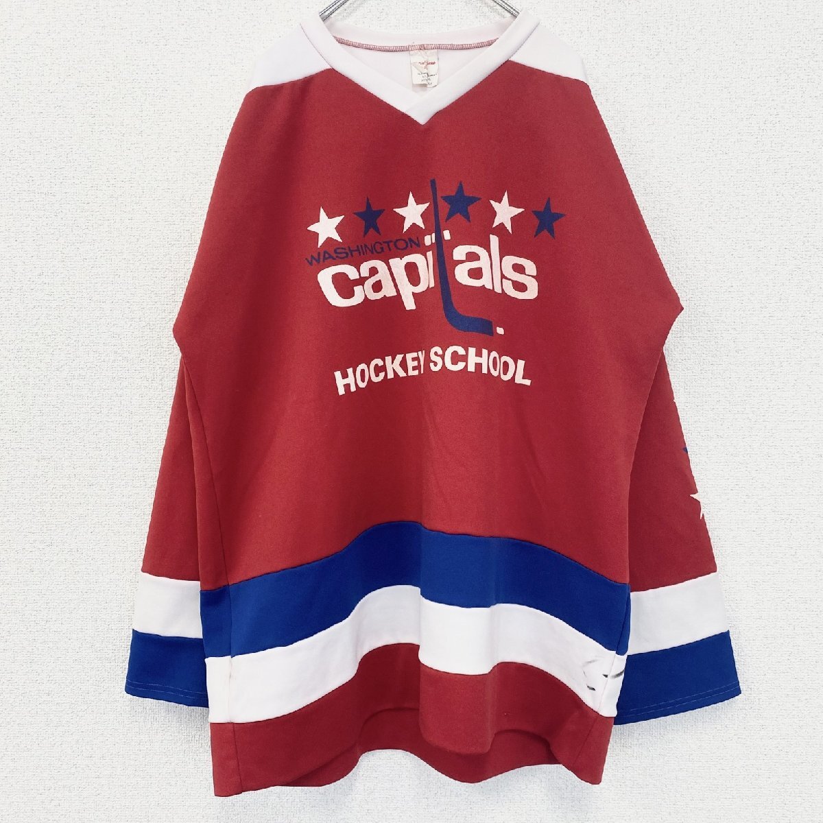 古着 used 長袖プリントTシャツ ワシントンキャピタルズ ホッケースクール レトロデザイン 赤 レッド XLサイズ拍卖