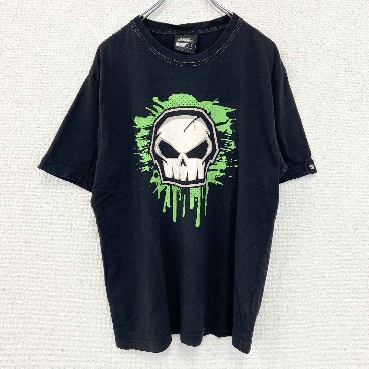 古着 used NO FEAR ノーフェア 半袖プリントTシャツ スカル カジュアルデザイン クルーネック レトロ 黒 Lサイズ拍卖
