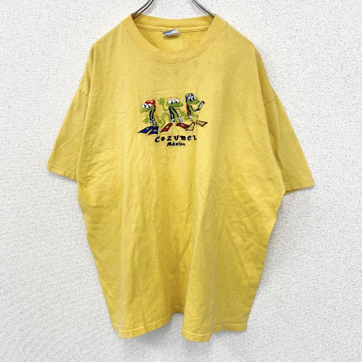 古着 used YAZBEK 半袖刺〓デザインTシャツ ビッグT Cozumel メキシコ クルーネック 黄色 2XLサイズ拍卖