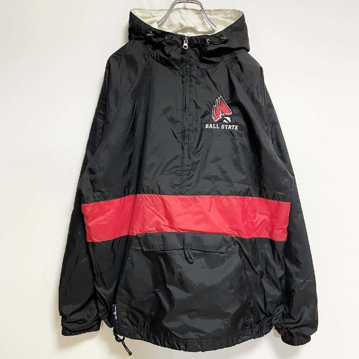 古着 used CHARLES RIVER 長袖カレッジ刺繍ナイロンジャケット ボール州立大学 フットボール 黒 赤 Mサイズ拍卖