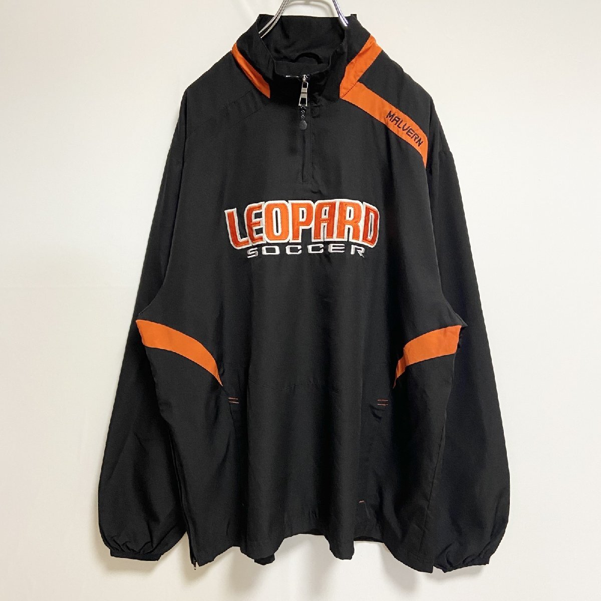 古着 used XGRAIN 長袖ハーフジップナイロンプルオーバー ワッペン LEOPARD SOCCER 黒 オレンジ Lサイズ拍卖