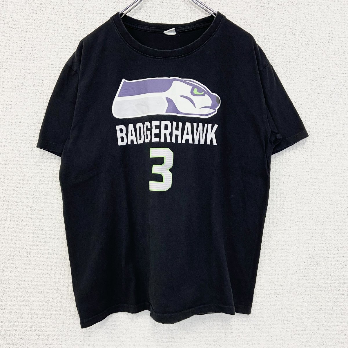 古着 used ノーブランド 半袖デザインプリントTシャツ BADGERHAWK クルーネック カジュアルデザイン 黒 Mサイズ拍卖