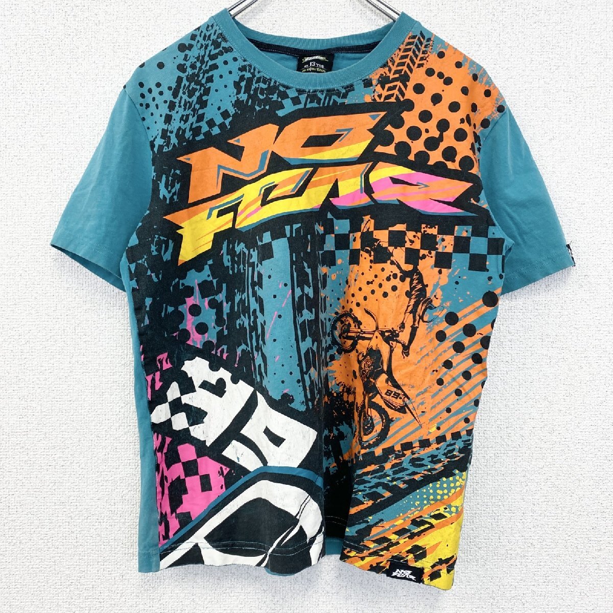 古着 used NO FEAR ノーフィア 半袖プリントTシャツ クルーネック レトロデザイン バイク 水色 ブルー 拍卖