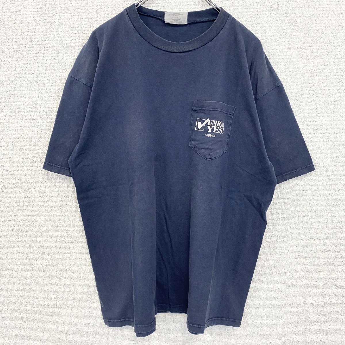 古着 used LIFEWEAR USA製 半袖バックプリントTシャツ UNION YES ネイビー 紺 ビックシルエット拍卖