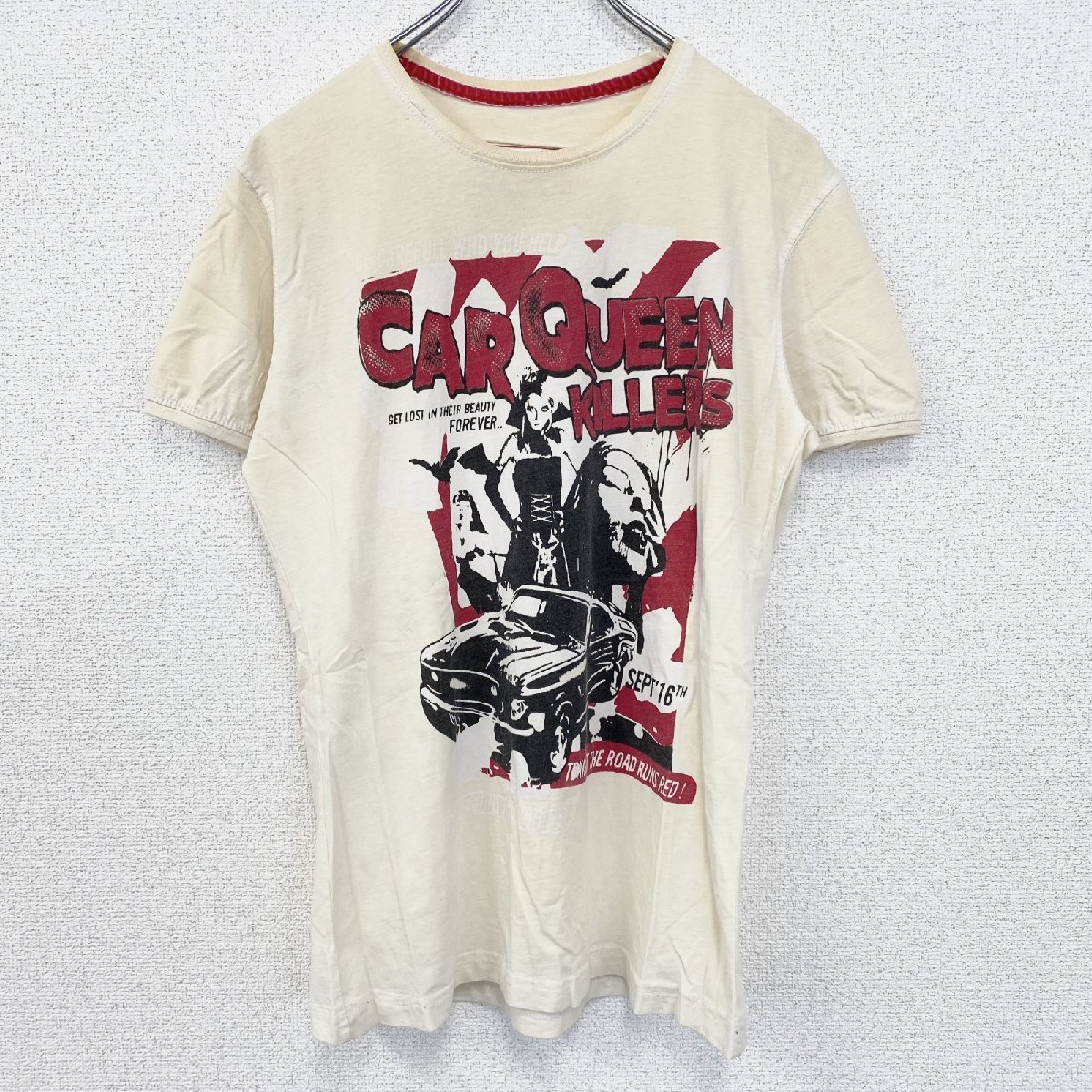 古着 used Tazzio 半袖プリントTシャツ CAR QUEEN KILLERS レトロ風 クルーネック ベージュ Mサイズ拍卖