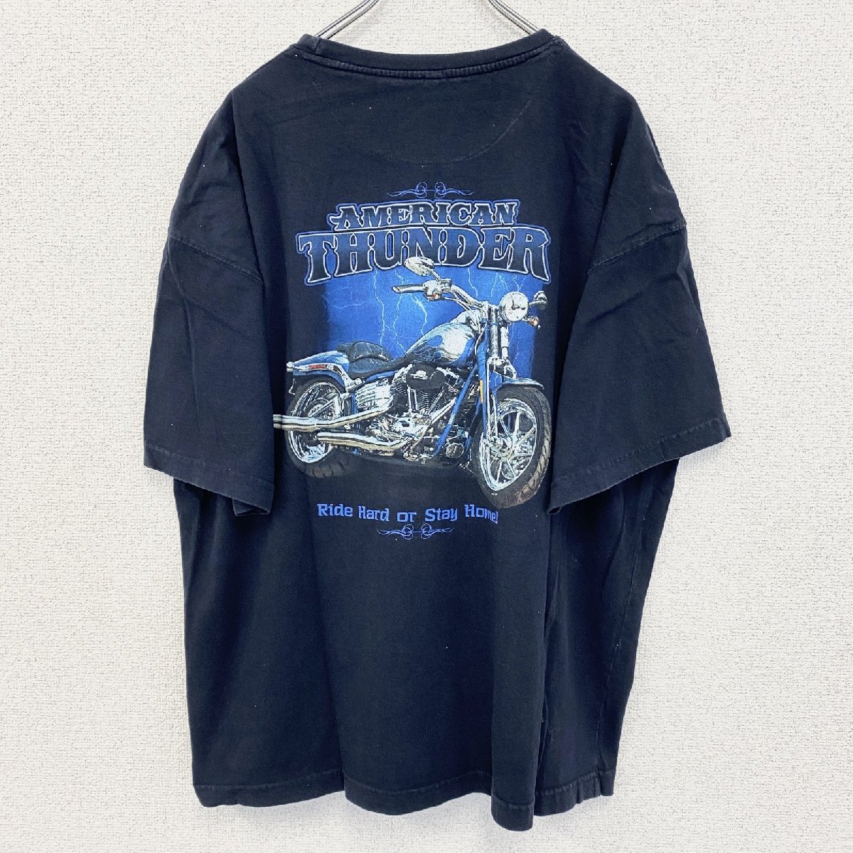 古着 used newpor blue 半袖プリントTシャツ ハーレー バイク AMERICAN THUNDER 黒 XXLサイズ拍卖