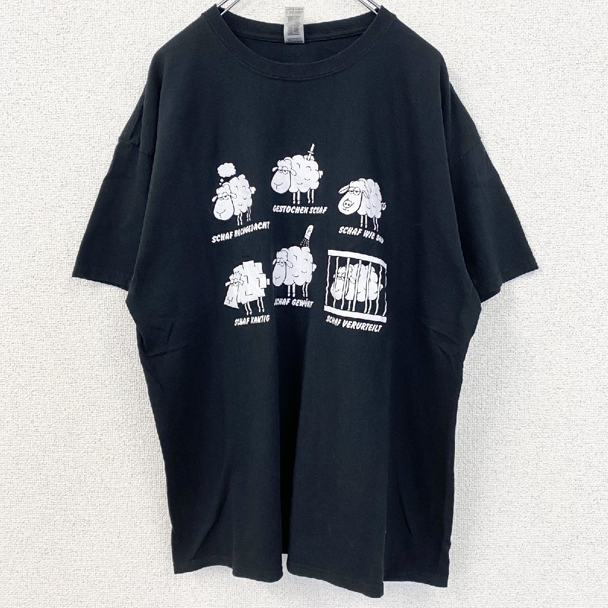 古着 used GILDAN ギルダン 半袖アニマルプリントTシャツ クルーネック レトロデザイン 羊 黒 ブラック XLサイズ拍卖