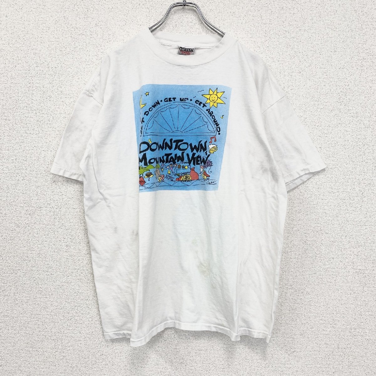 古着 used ONEITA オニータ 半袖プリントTシャツ ホワイト 白 ユニークロゴ シングルステッチ XLサイズ拍卖