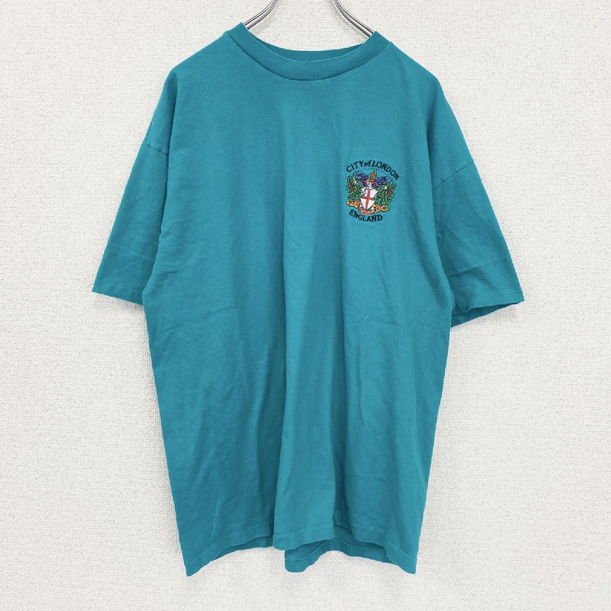 古着 used Hanes ヘインズ 半袖ワンポイントTシャツ グリーン ブルー 刺繍 クルーネック ビッグシルエット XLサイズ拍卖