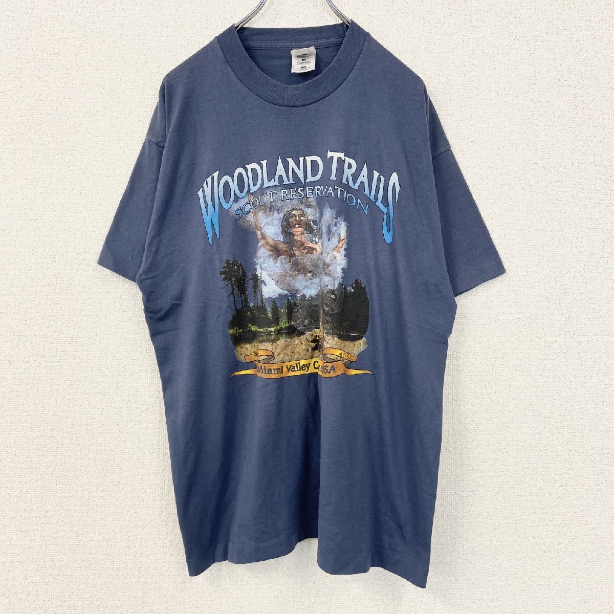 古着 used FURUIT OF THE LOOM 半袖プリントTシャツ シングルステッチ 青 90s US製 XLサイズ拍卖