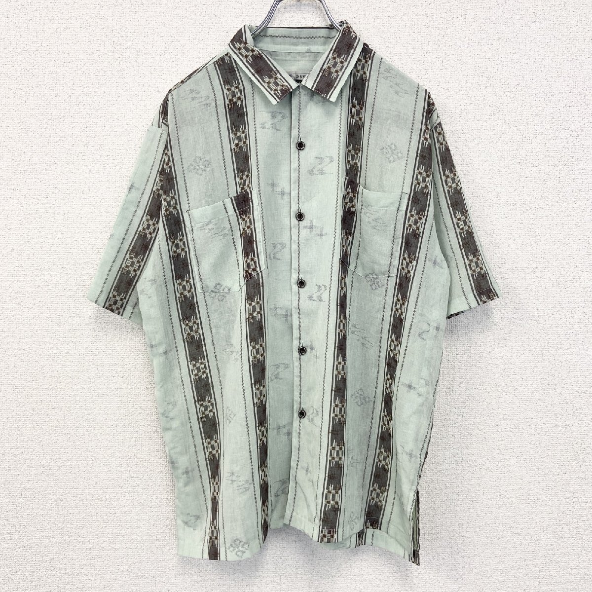 古着 used 元祖かりゆし 半袖総柄シャツ 和柄 ブルー オーバーサイズ レトロデザイン 胸ポケット Lサイズ拍卖