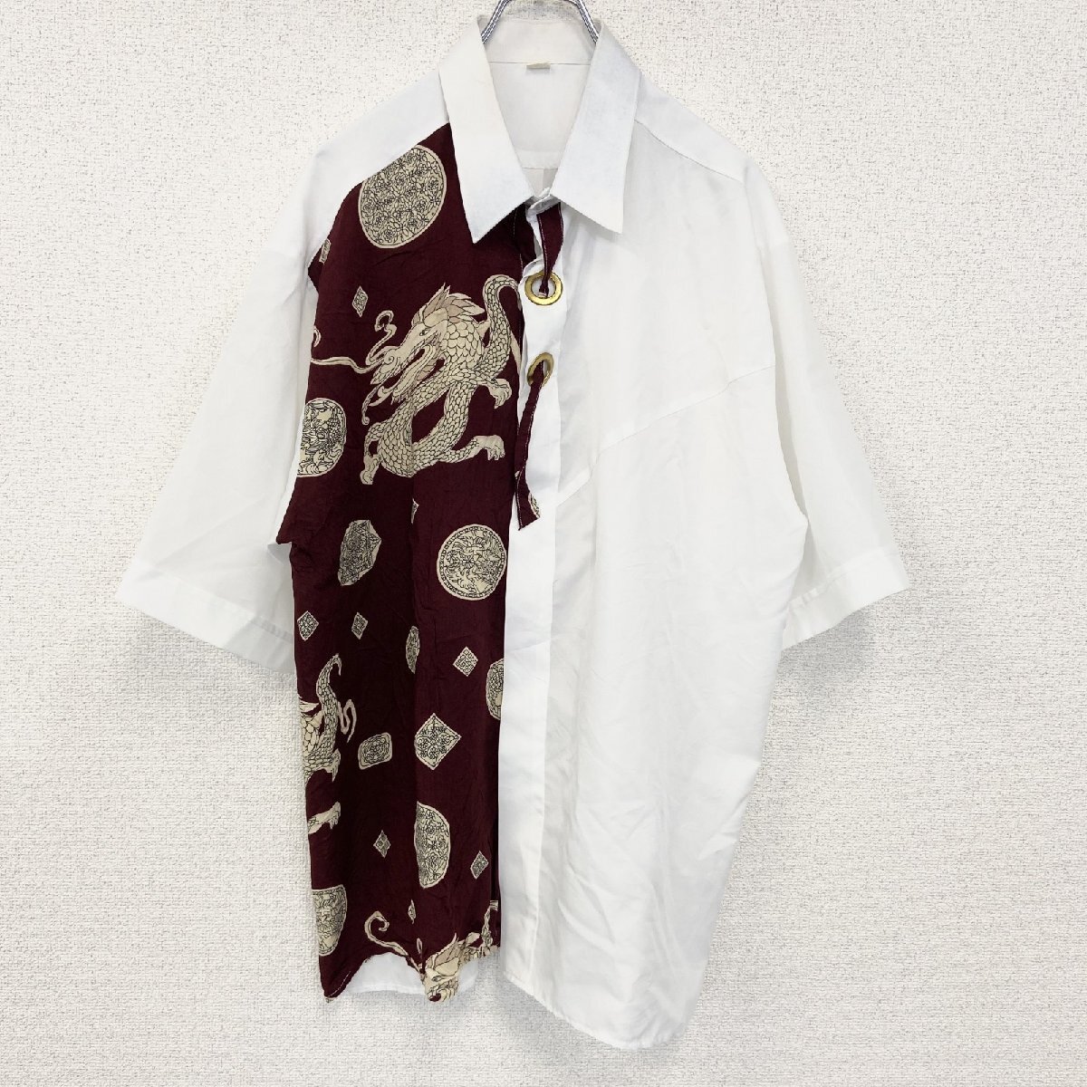 古着 used 半袖プリント総柄シャツ レトロデザイン チャイナ 龍 中華柄 中国 白 ホワイト XXLサイズ拍卖