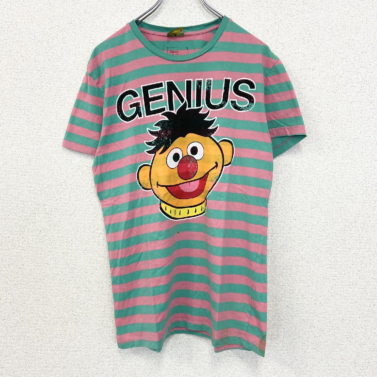 古着 used SESAME STREET 半袖オリジナルプリントTシャツ アーニー ボーダー柄 バイカラー ピンク 緑 Lサイズ拍卖