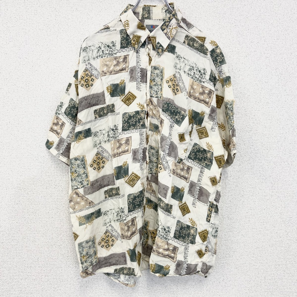 古着 used BRICE 半袖プリント総柄シャツ レトロデザイン 幾何学模様 アメカジ アート柄 リーフ 緑 グリーン拍卖