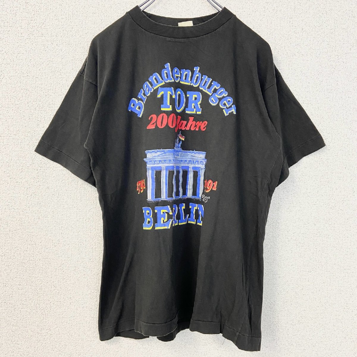 古着 used 半袖プリントTシャツ 90s BERLIN シングルステッチ クルーネック レトロ 黒 ブラック XLサイズ拍卖