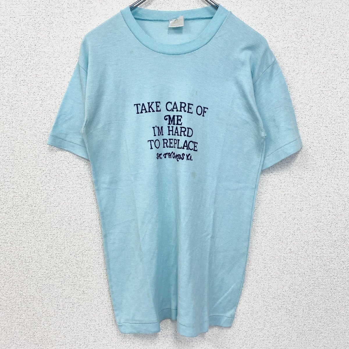 古着 used 半袖プリントTシャツ 90s シングルステッチ ヴィンテージ クルーネック レトロ ライトブルー 水色 Lサイズ拍卖