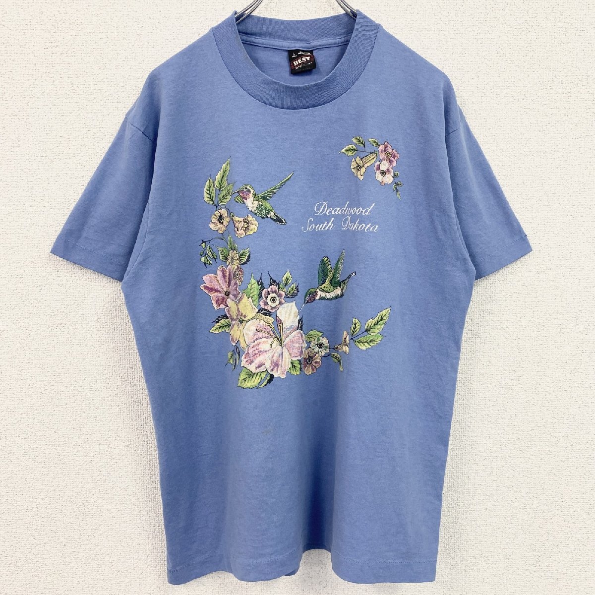古着 used 90s 半袖プリントTシャツ ヴィンテージ シングルステッチ 花柄 水色 クルーネック レトロ Lサイズ拍卖