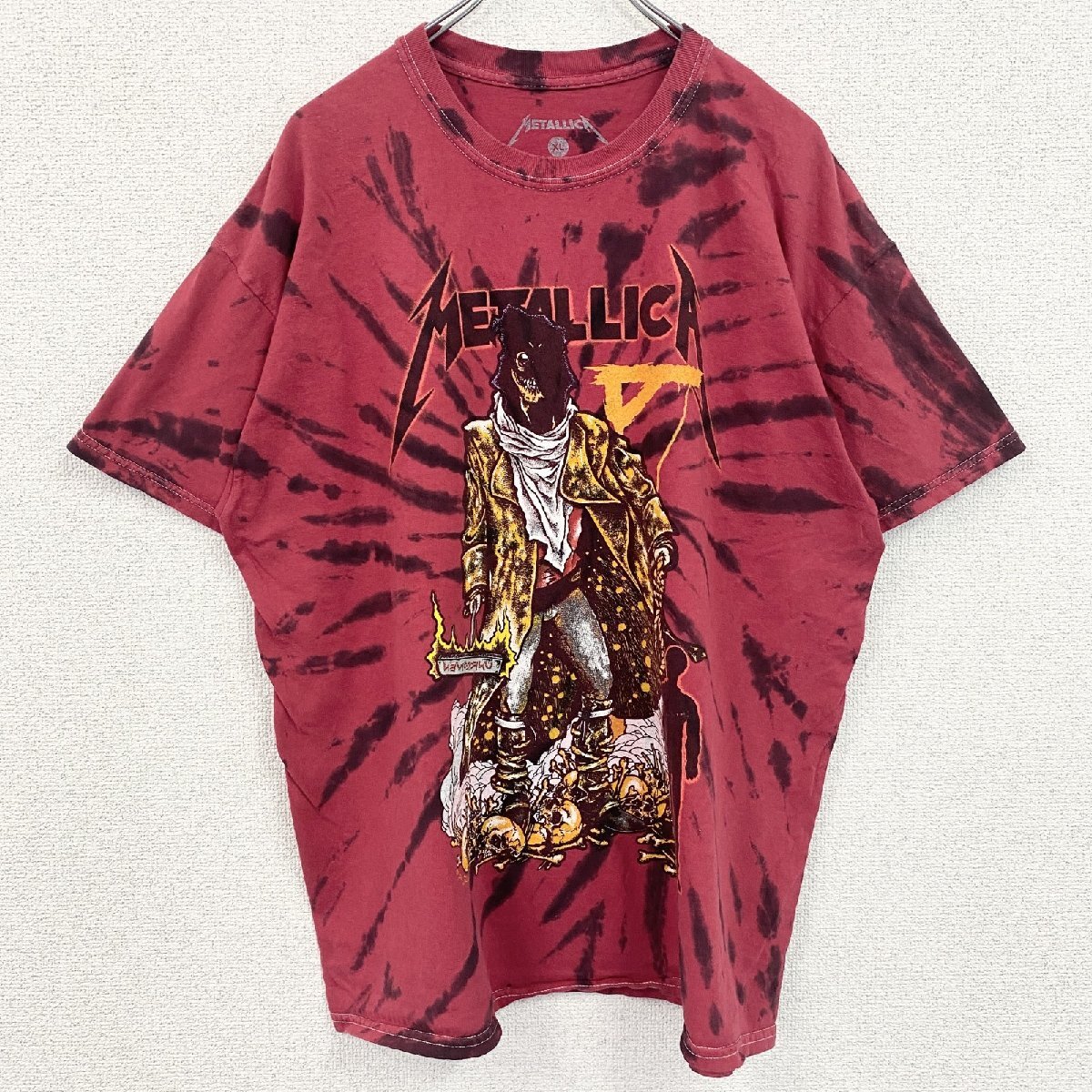 古着 used METALLICA メタリカ 半袖バンドプリントTシャツ タイダイ柄 クルーネック 赤黒 XLサイズ拍卖
