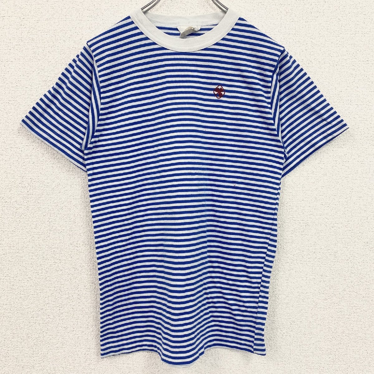 古着 used 90s 半袖ボーダー柄Tシャツ ワンポイントプリント クルーネック 青白 クローバー シングルステッチ レトロ拍卖