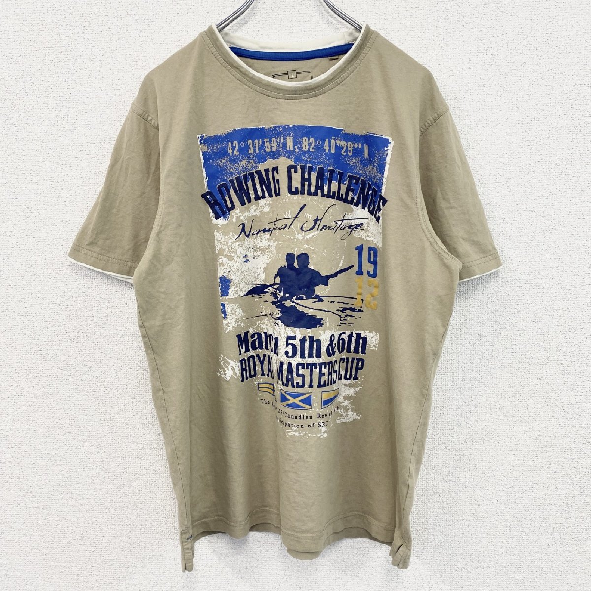古着 used 半袖プリントTシャツ カヌー ボート ローイング ベージュ クルーネック レトロデザイン Lサイズ拍卖