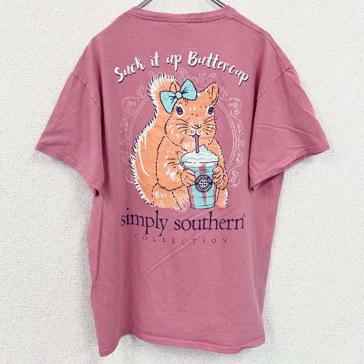 古着 used Simply Southern 半袖アニマル柄プリントTシャツ ワンポイント ピンク リス レトロ Lサイズ拍卖
