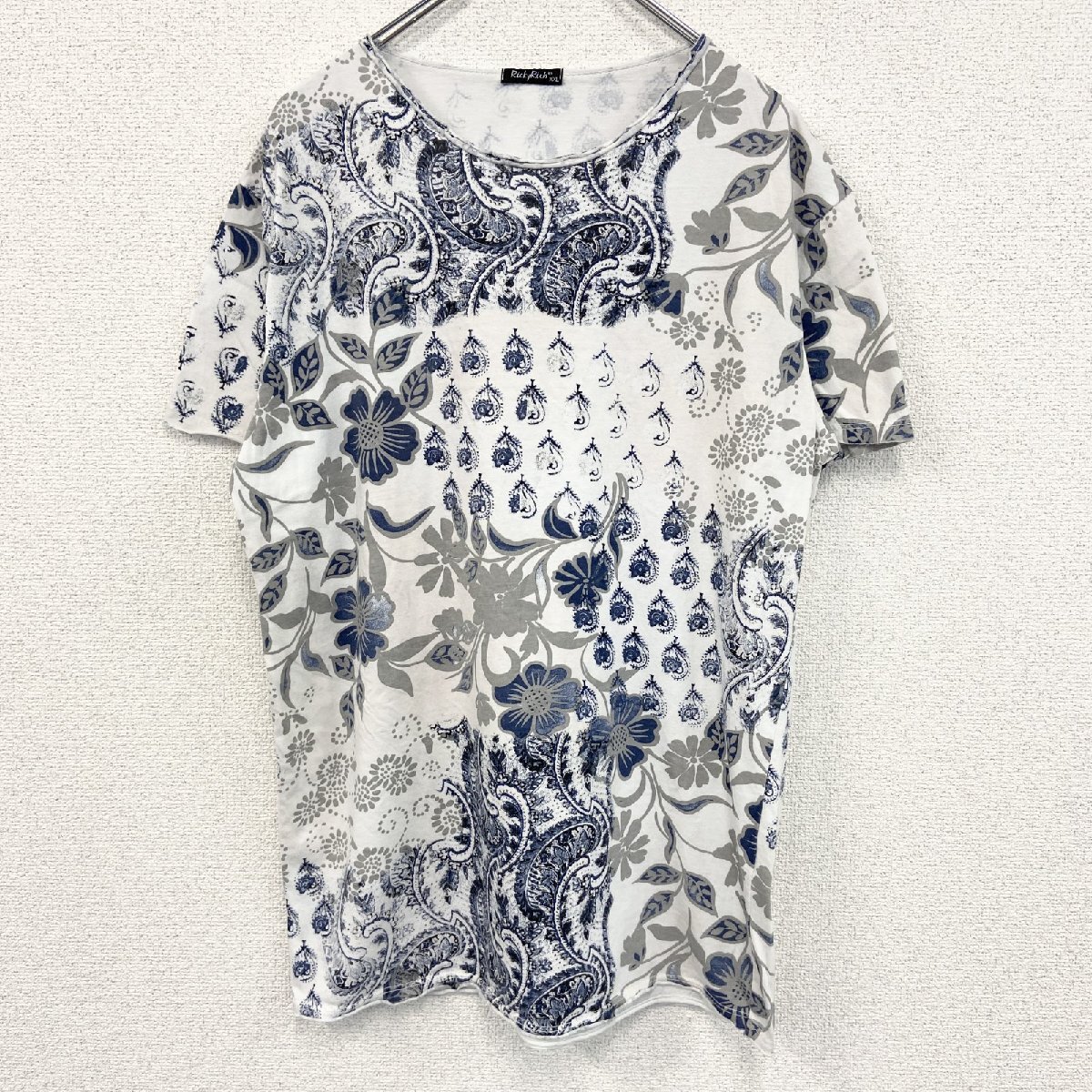 古着 used RickyRitch リッキーリッチ 半袖総柄プリントTシャツ 花柄 エスニック 白 クルーネック XXLサイズ拍卖