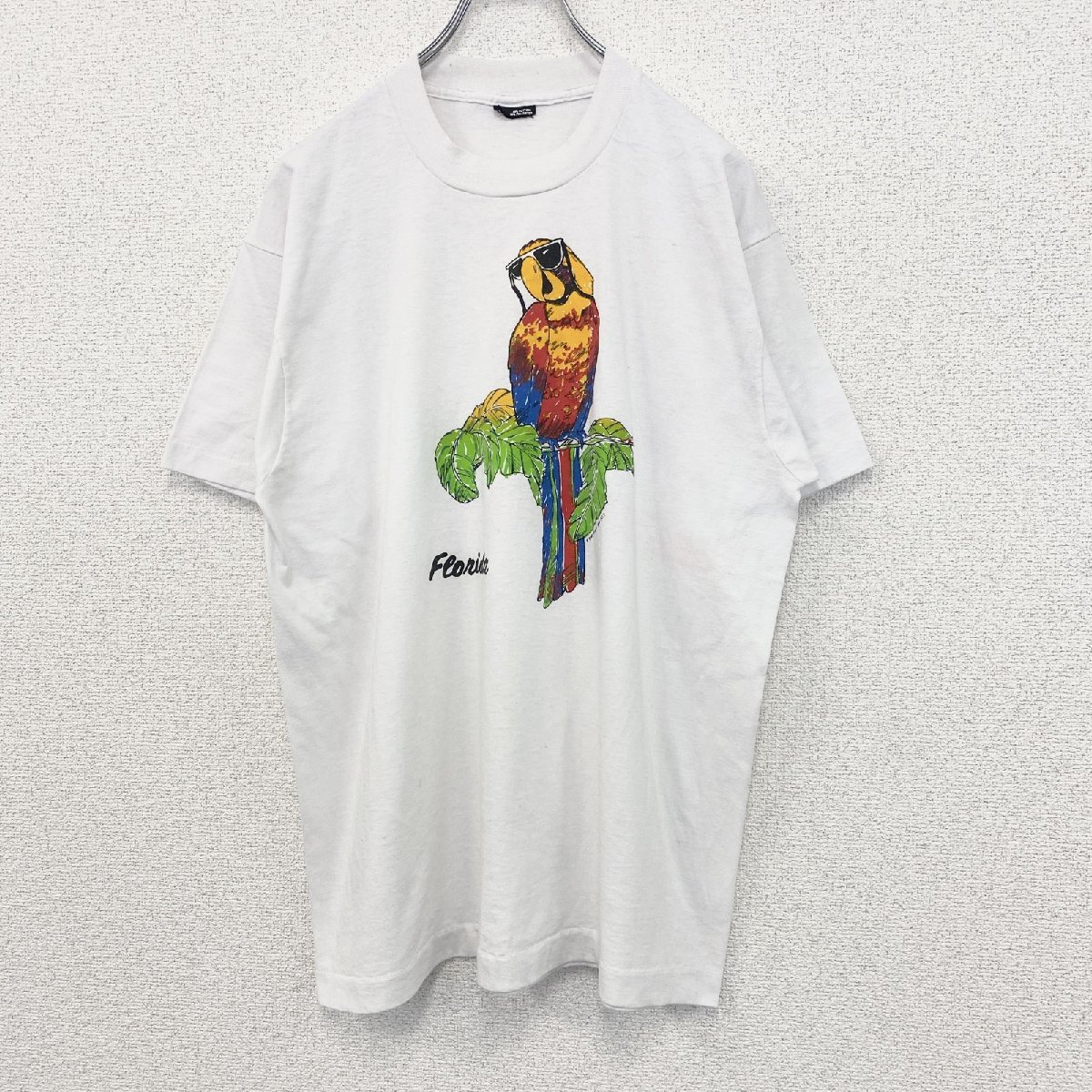 古着 used 半袖プリントTシャツ 鳥 インコ カジュアルデザイン シングルステッチ 90s クルーネック 白 Lサイズ 拍卖