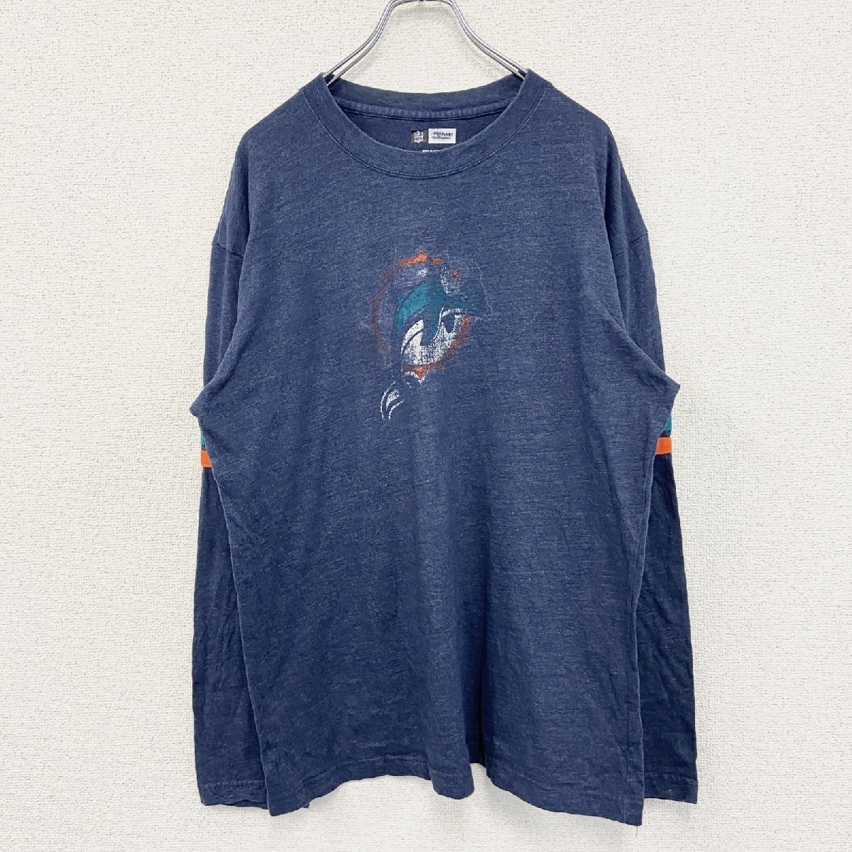 古着 used 長袖プリントTシャツ NFL マイアミドルフィンズ フットボール 紺 ネイビー クルーネック Lサイズ拍卖