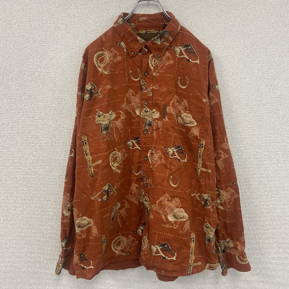 古着 used 90s~ CLEARWATER 長袖総柄ボタンダウンシャツ ポケット付き コットン100% オレンジ XLサイズ拍卖