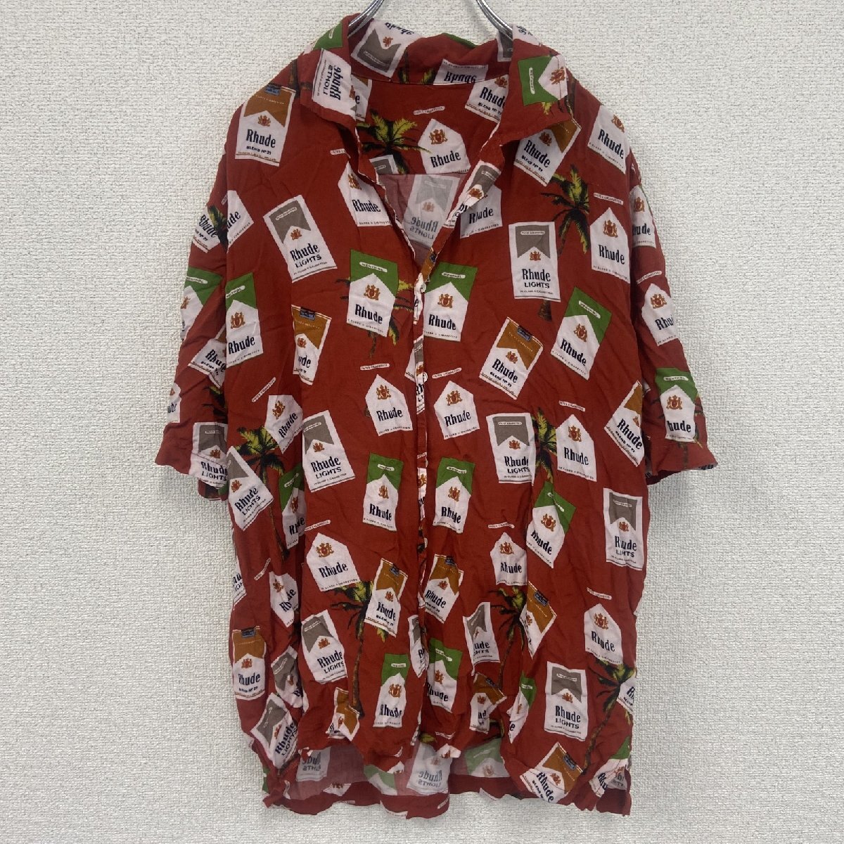 古着 used Rhude ルード 半袖オープンカラーシャツ 総柄開襟シャツ USA製 レーヨン100% 赤 レッド Lサイズ拍卖