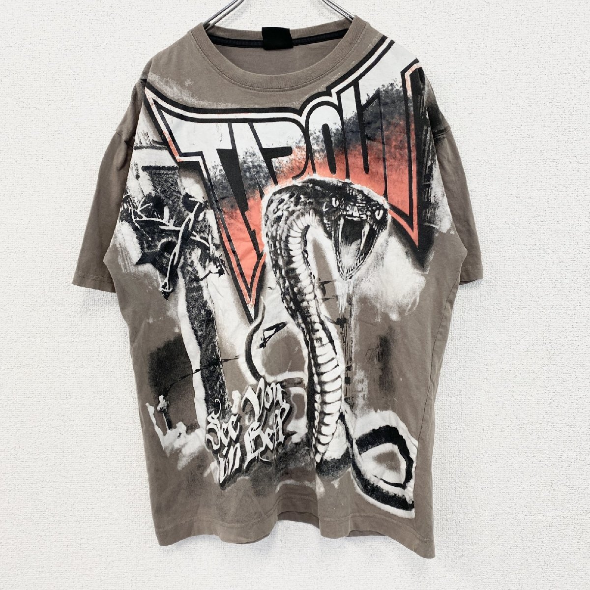 古着 used TAPOUT タップアウト 半袖プリントTシャツ カジュアルデザイン コブラ 茶色 クルーネック XLサイズ拍卖