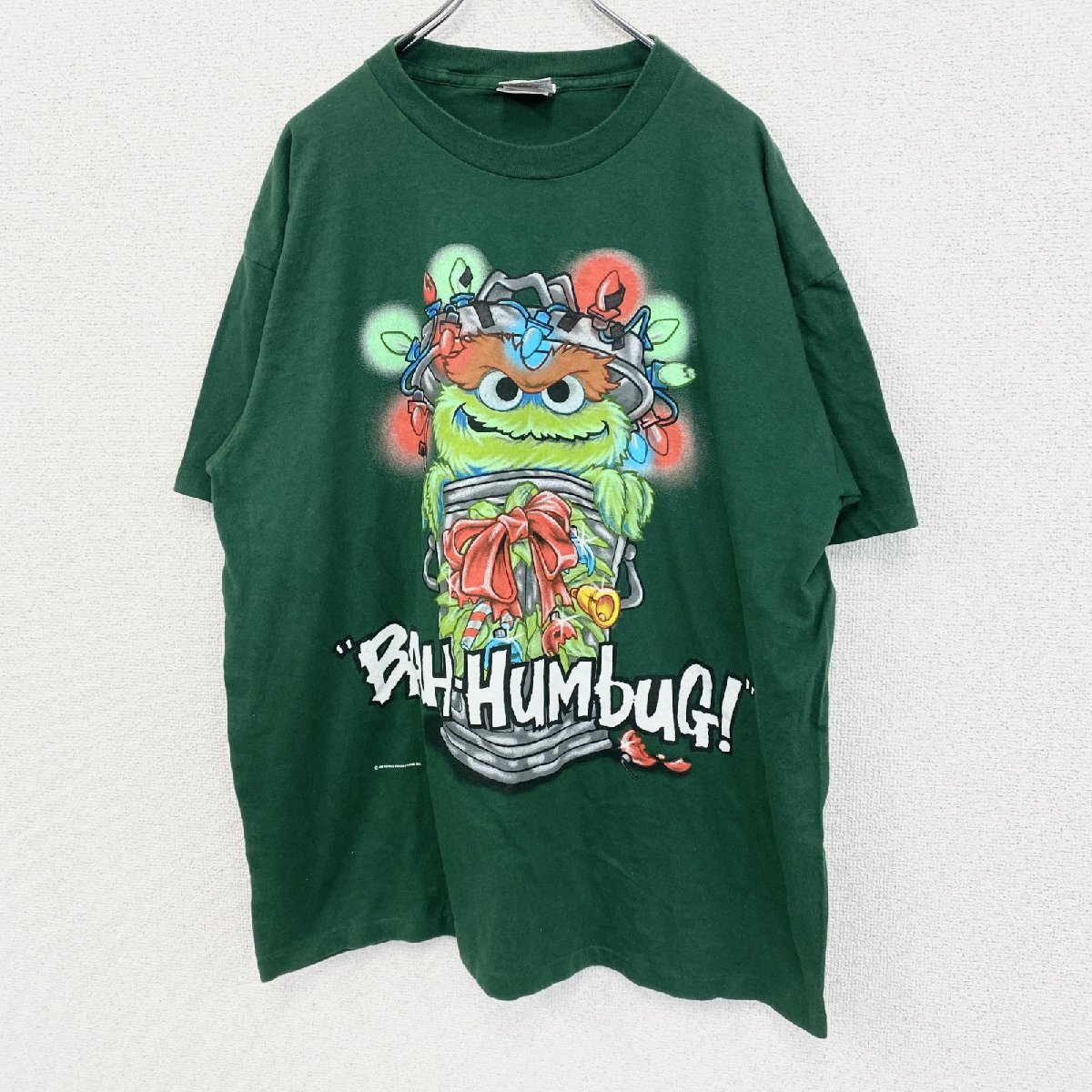 古着 used 90s ONEITA セサミストリート 半袖プリントTシャツ オスカー シングルステッチ 緑 グリーン XLサイズ拍卖