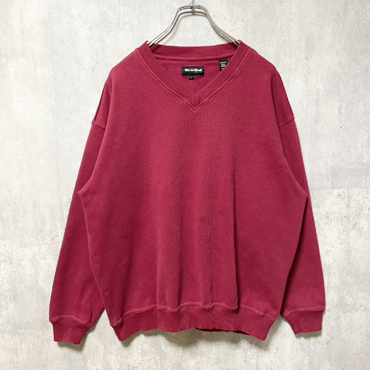 古着 used bollegolf 長袖Vネックスウェット トレーナー ノームコア ワンポイントロゴ刺 ワインレッド Lサイズ拍卖