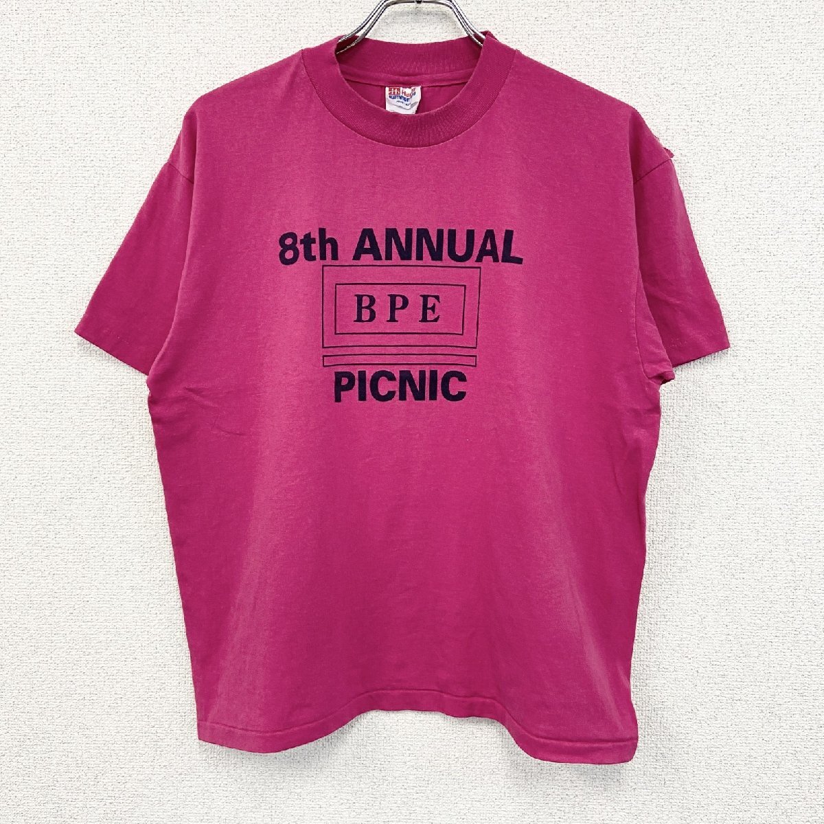 古着 used 90s Hanes ヘインズ 半袖プリントTシャツ US製 シングルステッチ ショッキングピンク Lサイズ拍卖