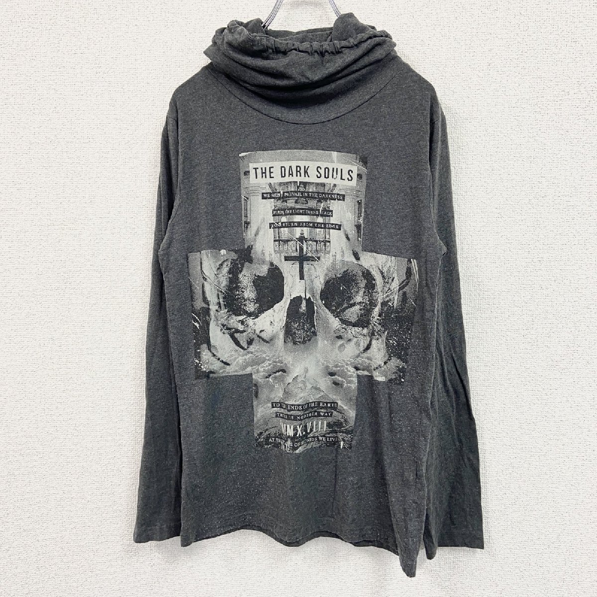 古着 used 長袖プリントTシャツ ロンT ドクロ スカル ハイネック グレー 灰色拍卖